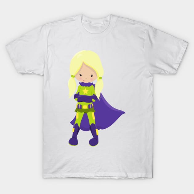 Superhero Girl, Blonde Hair, Hero, Purple Cape T-Shirt by Jelena Dunčević